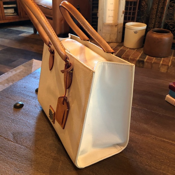 Dooney & Bourke White and Tan Leather Satchel Bag - Picture 2 of 13